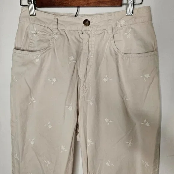 Talbots Ankle Pants Women's Size 10 Beige Tan Embroidered Flowers Cotton - Picture 2 of 11